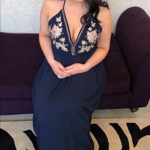 F21 Navy Metallic Flower Embroidered Formal Dress